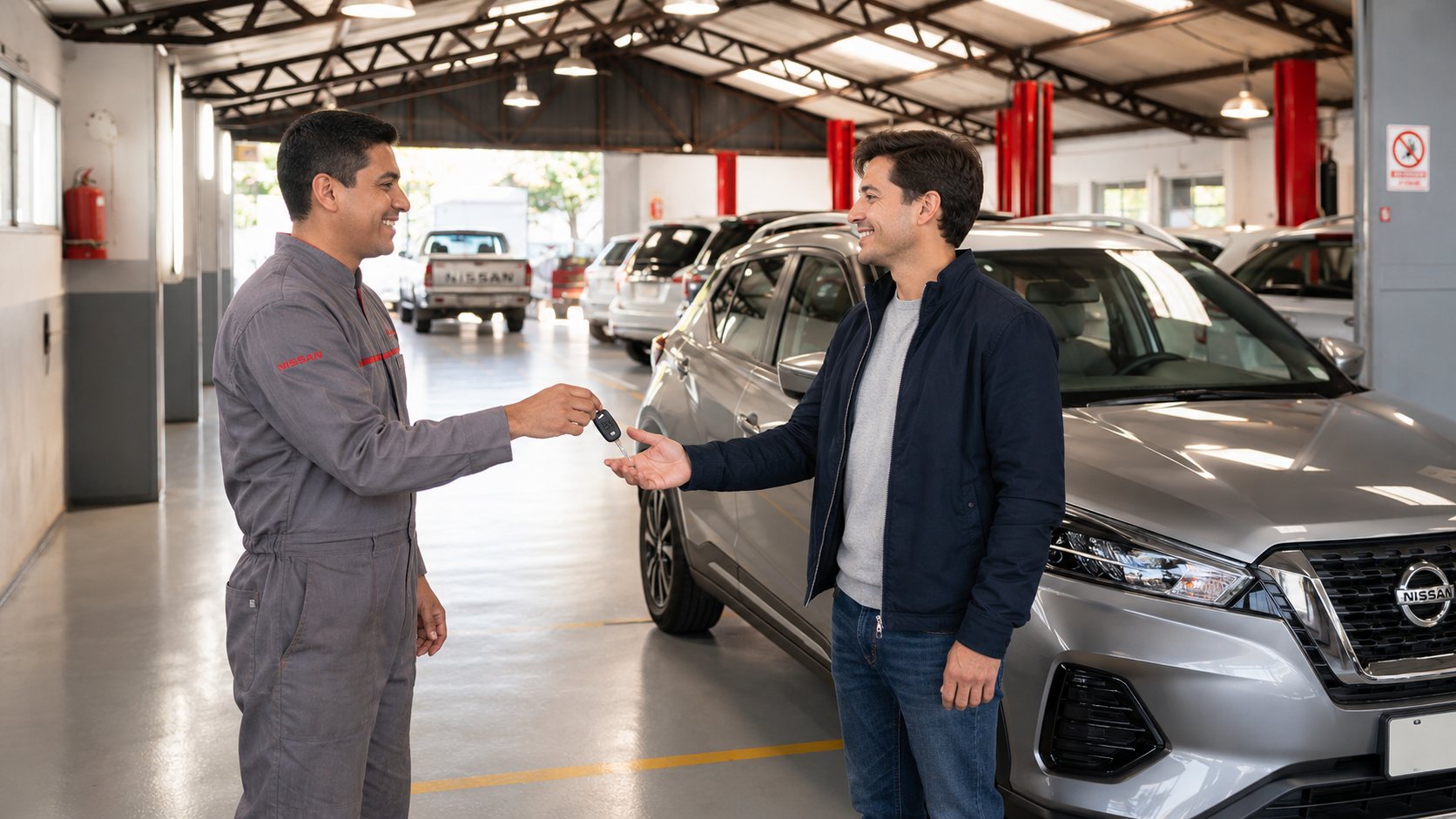 Entrega de llaves a un cliente feliz en el taller Nissan Ane